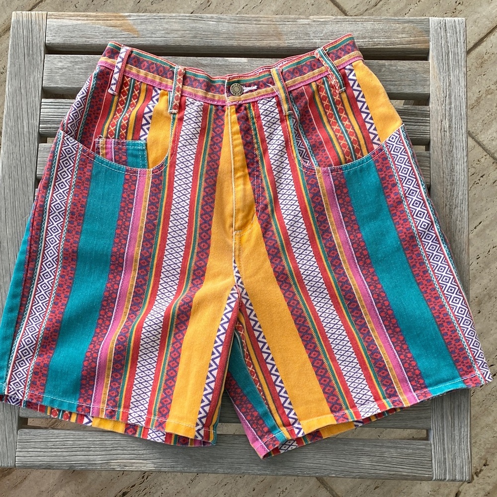 Vintage Multicolor Striped Jean Shorts - Teal, Yellow & Red